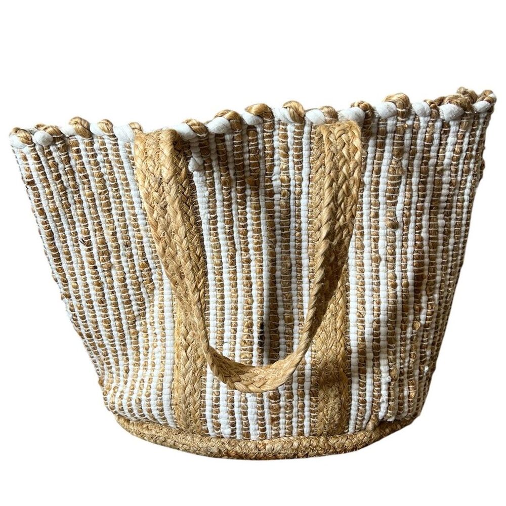 Chloe & Lex White Brown Jute Cotton Bag Tote Boho Coastal Beachy Picnic Natural